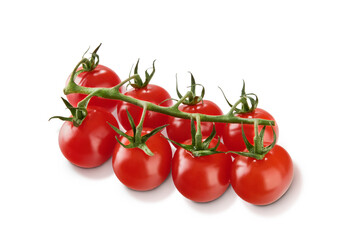 Branch of fresh cherry tomatoes isolated on white background with clipping path. Element for design.