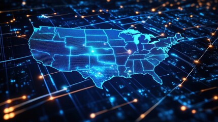 Digital Map of the United States with Neon Blue Circuit Effects