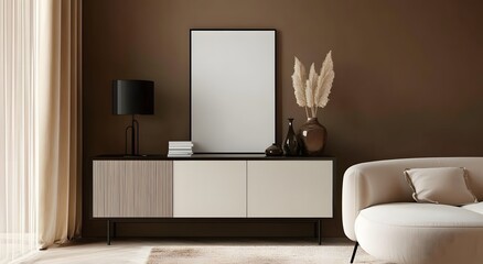 A living room with brown walls, modern wooden furniture and accessories including a sofa. And a lit lamp in one corner of the room, gives a sense of modern interior design and home decoration scene.