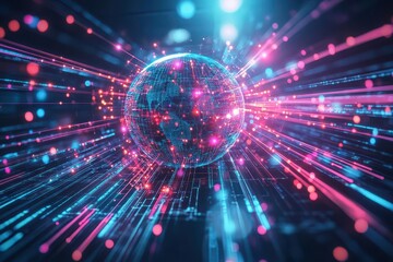 Fototapeta premium Online activism visualized as glowing data streams connecting diverse people around a digital globe, bright neon lights, 3D render