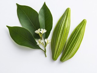 Obraz premium green leaves and white flowers on white background