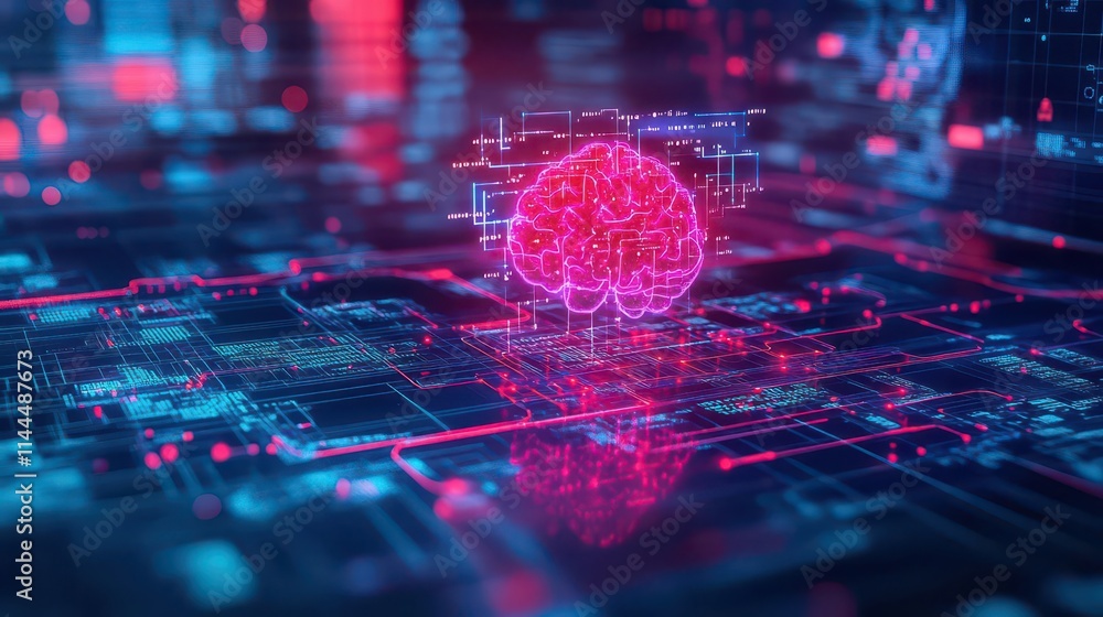 Aufkleber neural control room visualized as a glowing digital landscape, pathways leading to command centers, 