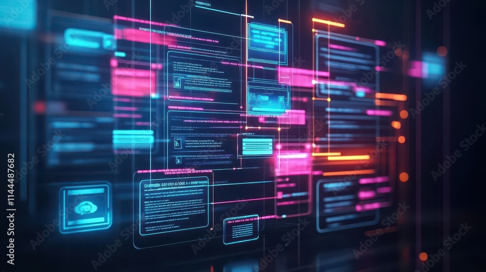 Poster Multiscreen setup displaying AI chat assistants, vibrant neon colors, modern tech concept