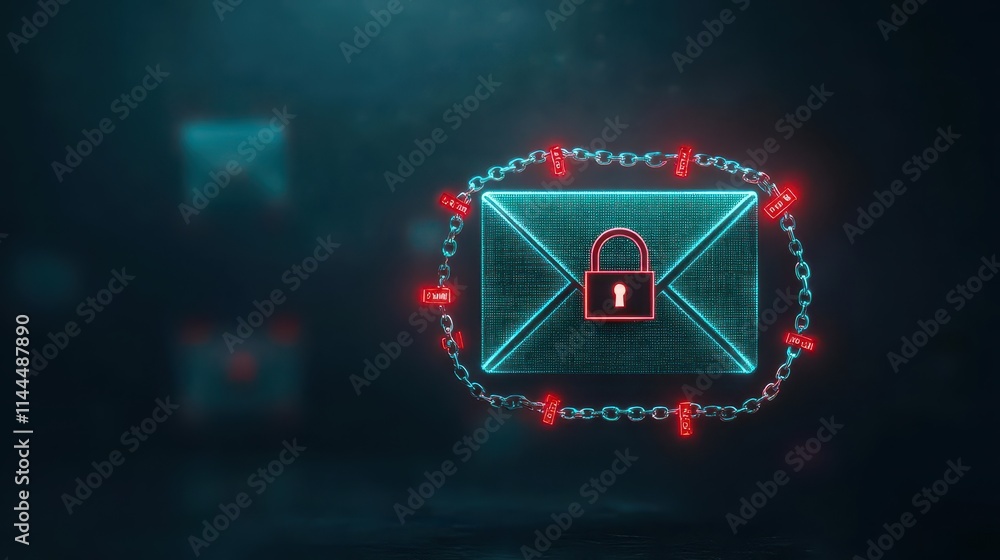 Aufkleber Locked email icon with chains and a padlock, glowing red warnings surrounding it, futuristic dark environment
