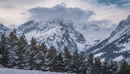 Majestic Snow-Capped Mountains with Pine Trees and a Dramatic Sky in Winter