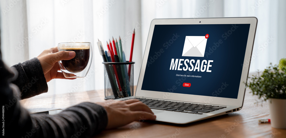Poster email notification message showing on computer screen snugly. digital marketing message information 