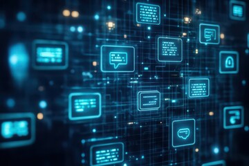 Humanlike AI figure generating chat messages in a digital matrix background, advanced futuristic design