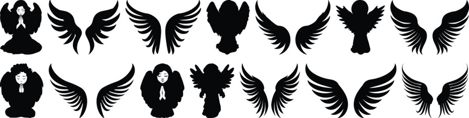 Angel silhouettes set, wing pack of vector silhouette design, isolated background