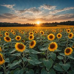 Fototapeta premium A vibrant sunflower field under a bright and cloudless sky.