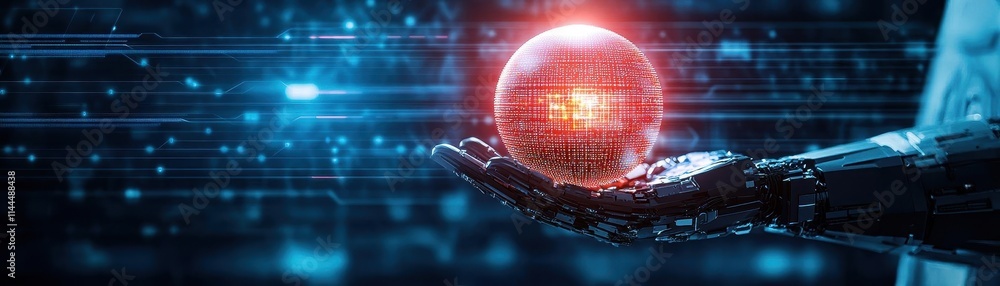 Leinwandbilder hightech robotic hand holding a glowing orb of data, symbolic of innovation in digital processing, f