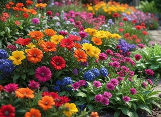 vibrant multicolored flowers blooming in a flowerbed with lush greenery , blooming flora, garden flowers, bright colors