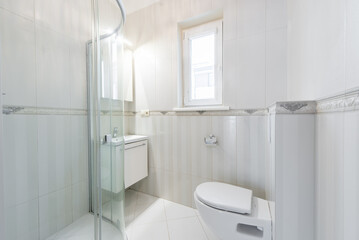 Modern Bright Home Bathroom Interior With Shower, Toilet, Sink, and Natural Light