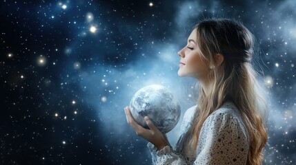 Naklejka premium Young Woman Holding Moon in Galaxy with Sparkling Stars and Mist