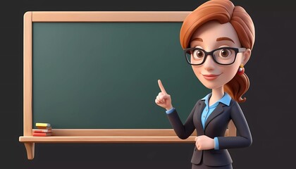 A female cartoon teacher in a suit gestures towards a green chalkboard
