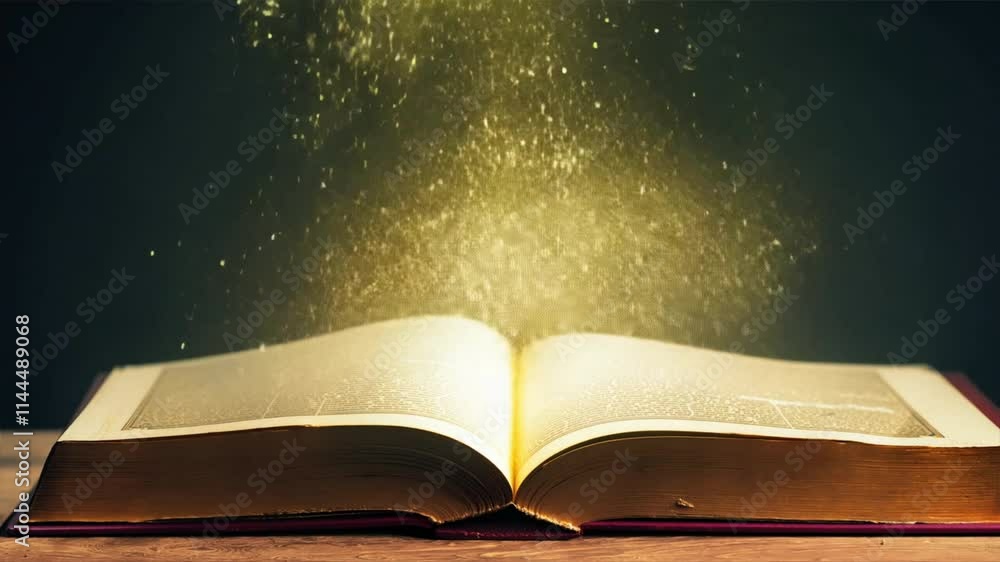 Poster open book of glowing particles magical journey through pages of knowledge and imagination in warm li