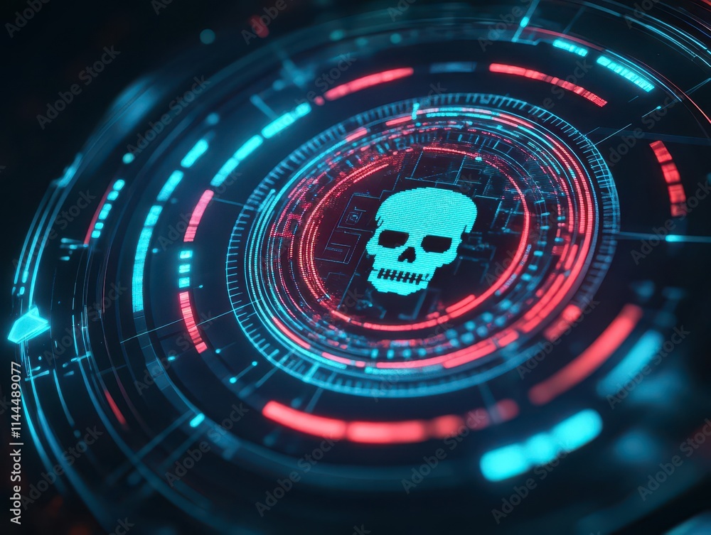 Poster glowing skull icon inside a scam notification on a smartwatch, futuristic design, concept of evolvin