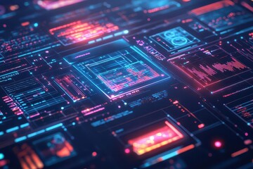 Fototapeta premium Futuristic online marketplace with holographic product displays, neon glowing interface, dynamic 3D elements, AIintegrated browsing, cyberpunk aesthetic