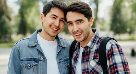 Fototapeta premium Joyful young male friends enjoying a day outdoors in urban park setting