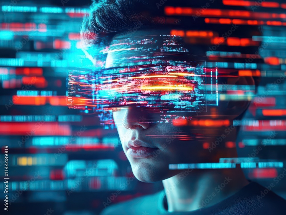 Poster Face of a hacker blurred and distorted, security breach alerts flashing in the background, glitch art style, high contrast