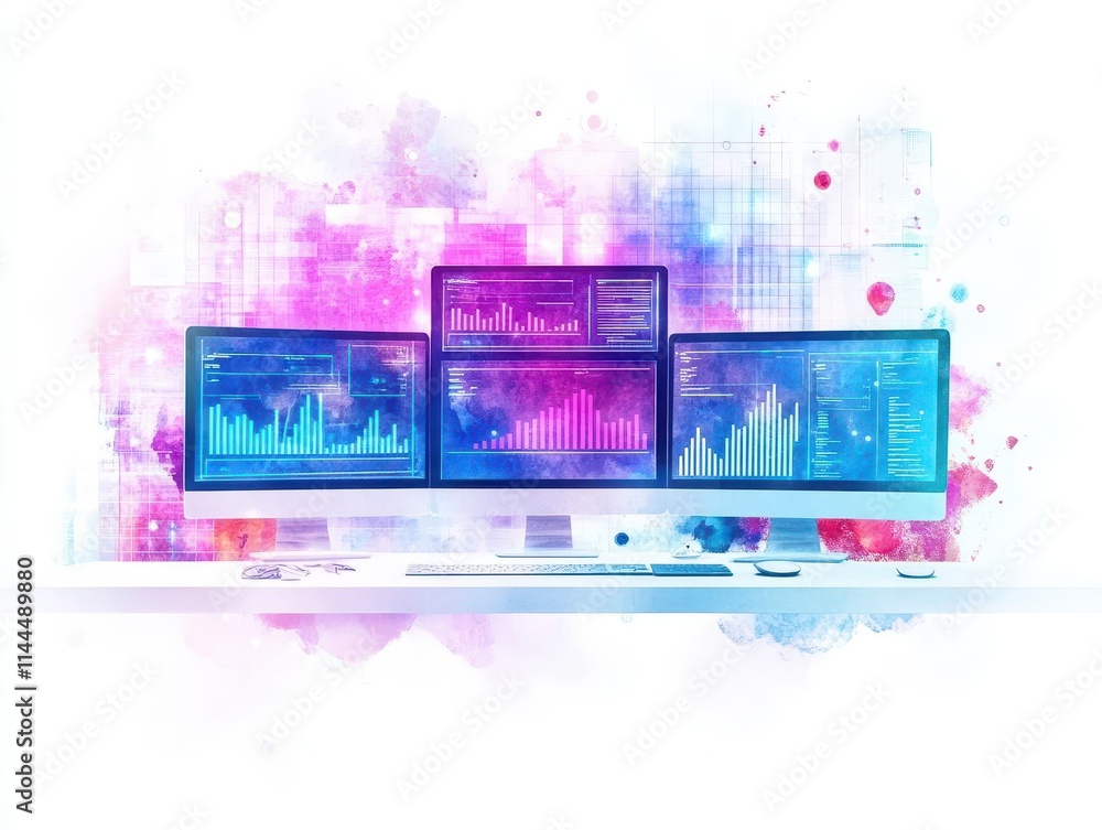 Poster elegant watercolor workspace with digital screens showcasing realtime management systems and analyti