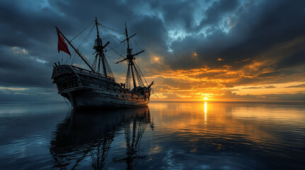 Obraz premium Sailing into Tranquility: A Ship at Sunset. A Majestic Sailing Ship on the Calm Ocean at Sunset.
