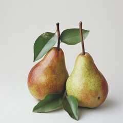 two pears with green leaves on white background