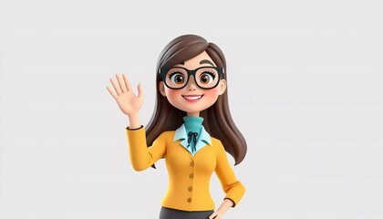 An animated person in a suit signaling with a raised hand