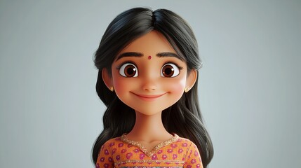 smiling Indian cartoon character portraying a young adult woman in a 3D style, set against a light background.