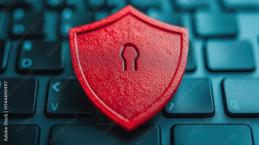 Poster a red shield with a keyhole rests on a keyboard, symbolizing cybersecurity and protection in the dig
