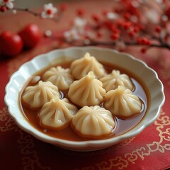 Bowl of steamed dumplings in soup on red festive cloth.