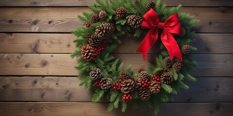 Winter wreath with red ribbon and pine cones hanging from a rustic wooden frame, natural elements, seasonal decoration