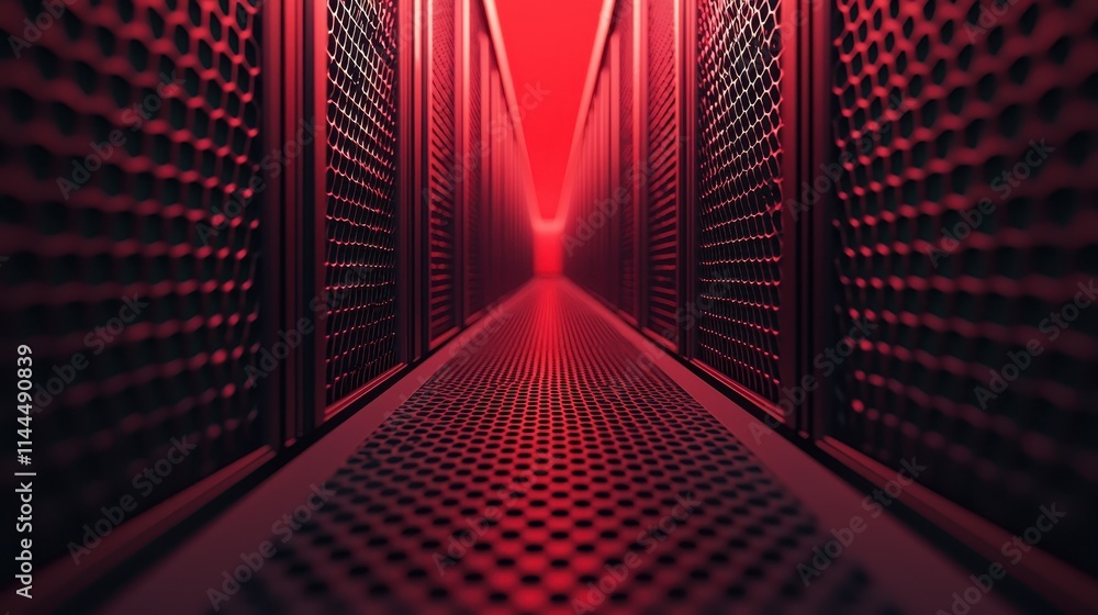 Aufkleber a corridor of server racks illuminated by red light, creating a futuristic and technological atmosph