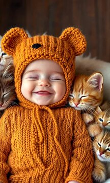 A joyful baby in a cozy knitted bear hat surrounded by fluffy orange kittens, baby smiling widely with bright eyes, kittens snuggling and playfully sleeping around the baby, warm soft textures