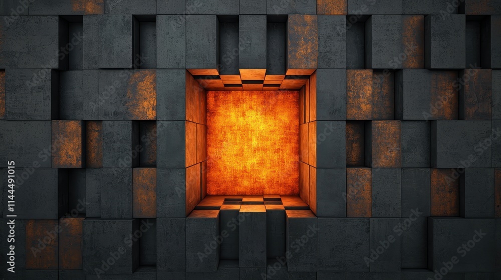 Poster a glowing orange core encased in dark, textured blocks, creating a striking contrast and a sense of 