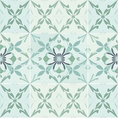Fototapeta premium Serene Floral Tile Pattern: A delicate and enchanting pattern of leafy vines and stylized flowers, rendered in soft blues and greens, creates a calming and sophisticated aesthetic. 