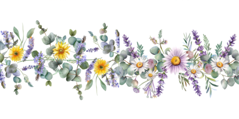 Watercolor wildflowers seamless border. repeating pattern. Daisy, calendula, lavender, eucalyptus branches and leaves garland. Generative AI.