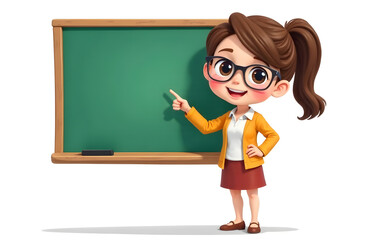 Cartoon character explaining concepts at a classroom chalkboard in a bright setting