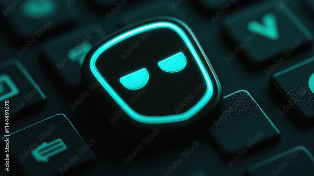Poster a close-up of a backlit keyboard key featuring a mysterious face, illuminated in cool tones, suggest