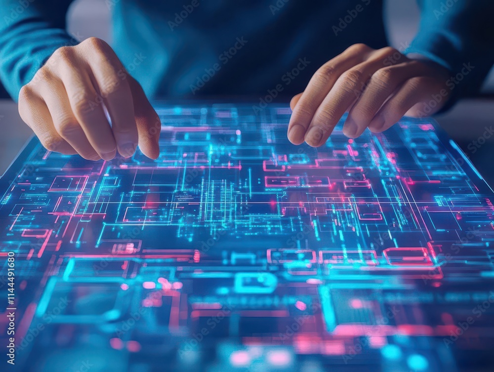 Poster closeup of hands interacting with an augmented reality update interface, neon glow, sharp focus, ult