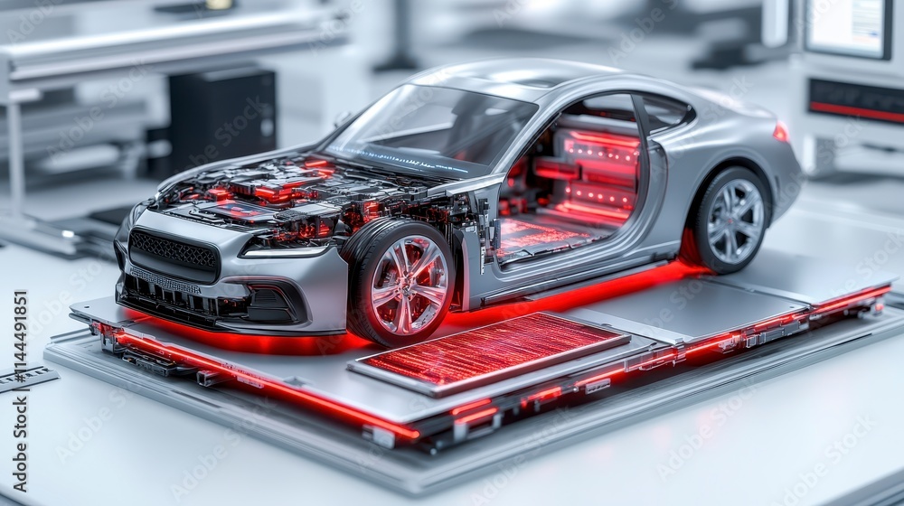 Aufkleber a futuristic car model with a transparent design showcasing internal components, illuminated by red 