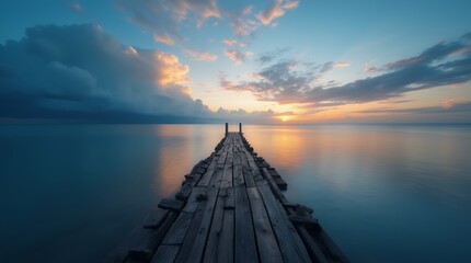 Obraz premium Endless Serenity: A Wooden Pier Embracing the Sunrise. A Wooden Pier Stretching Over a Serene Sea at Dusk.