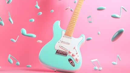 Pastel Guitar Surrounded by Floating Musical Notes