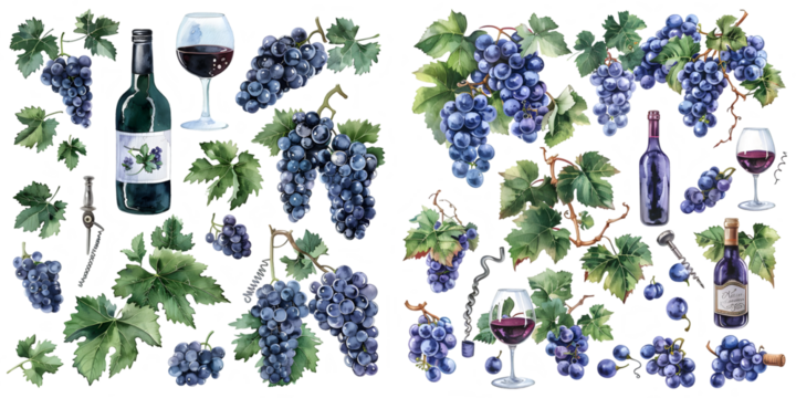 Watercolor wine set with grape and corkscrew, Watercolor bunches of blue grapes, green leaves and branches. Generative AI. - Powered by Adobe