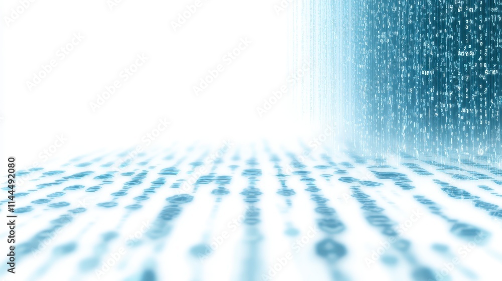Poster a serene, abstract depiction of cascading blue light with digital patterns, evoking a sense of depth