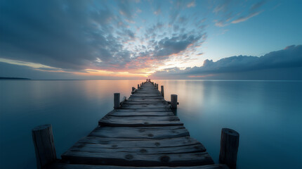 Endless Serenity: A Wooden Pier Embracing the Sunrise. A Wooden Pier Stretching Over a Serene Sea at Dusk.