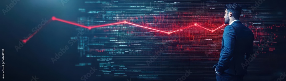 Poster Businessman standing calmly while a 3D red line graph disintegrates behind him, metallic textures, ultramodern design