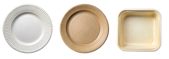 Collection of food plates made of natural plant fibers isolated on transparent background, paper plate. The concept of using clean for the planet Earth clean plates.