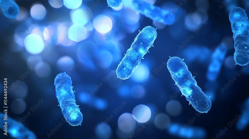 Poster high quality detailed microscopic view of bacteria with blue background and soft bokeh effect for sc