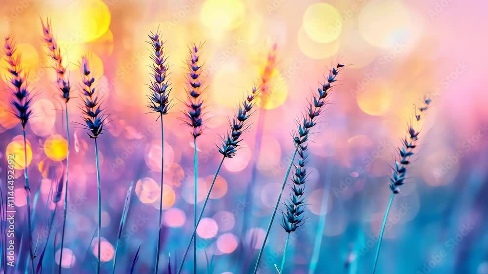 Poster ethereal fields with soft bokeh lights and delicate grass stems in vibrant colors