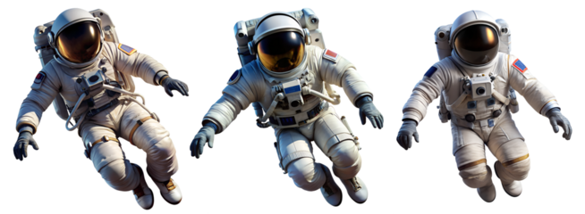 Set of Astronauts in spacesuit close-up isolated on transparent background. Cosmonaut in open hovering space.